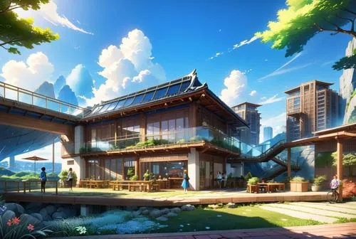 Japanese Anime, Makoto Shinkai Style,the exterior of a japanese style office building,sky apartment,aqua studio,tropical house,ecotopia,futuristic architecture,futuristic landscape,Anime,Anime,Realist