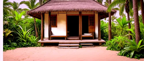 Rustic stick hut, tropical island, thatched roof, wooden pillars, vines crawling up, palm trees surrounding, sandy floor, simple interior, daytime, warm lighting, high angle shot, cinematic compositio