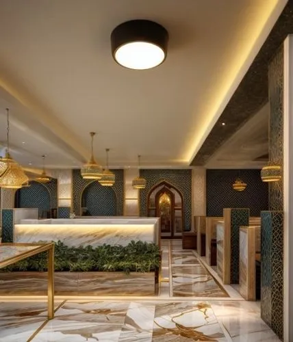 minimal ceiling with spot lights  ,a room with lights, chandeliers, and a marble floor,hotel hall,lobby,hammam,foyer,hamam,hotel lobby