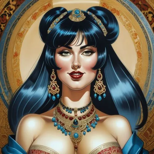 beautiful ancient caucasian noble woman with bangs and long black hair with expensive jewelry,cleopatra,jasmine,oriental princess,jasmine blue,fantasy portrait,fantasy woman,queen of hearts,fantasy ar