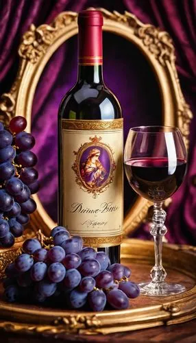 Divine wine art, luxurious still life, ornate golden frame, rich velvet background, dimly lit, soft focus, warm candlelight, grapes, wine bottle, crystal glass, elegant corkscrew, wine pouring, artist