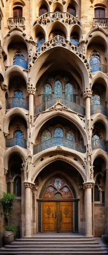 Gaudí-inspired architecture, grandiose cathedral, intricate stone carvings, colorful mosaic tiles, twisted columns, irregularly-shaped windows, dramatic arches, undulating façade, ornate balconies, wr