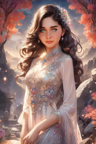 fantasy portrait,fantasy picture,mystical portrait of a girl,rosa 'the fairy,fantasy art,autumn background,faerie,fairy queen,romantic portrait,fairy tale character,faery,enchanting,oriental princess,yogananda,rosa ' the fairy,fantasy woman,rosa ' amber cover,portrait background,world digital painting,flower fairy,Digital Art,Ink Drawing