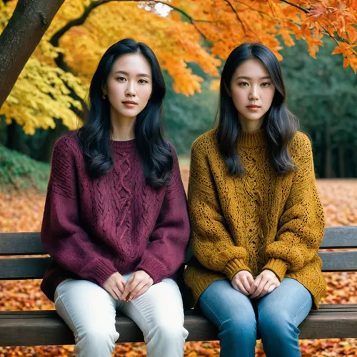 (masterpiece), best quality, finely detailed portrait,
(((2girls))) TWO mature women sitting on a wooden bench, Ren Hang style, long dark hair, knitted sweaters, Background: Hampstead Heath, fall colo