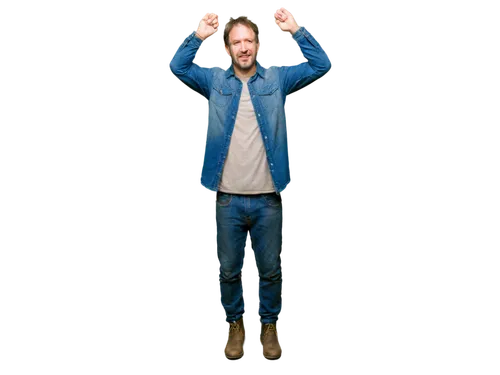 Surrendered man, hands up, defeated expression, messy hair, worn-out clothes, dusty boots, rugged background, warm lighting, 3/4 composition, cinematic mood, shallow depth of field, gritty texture.,de