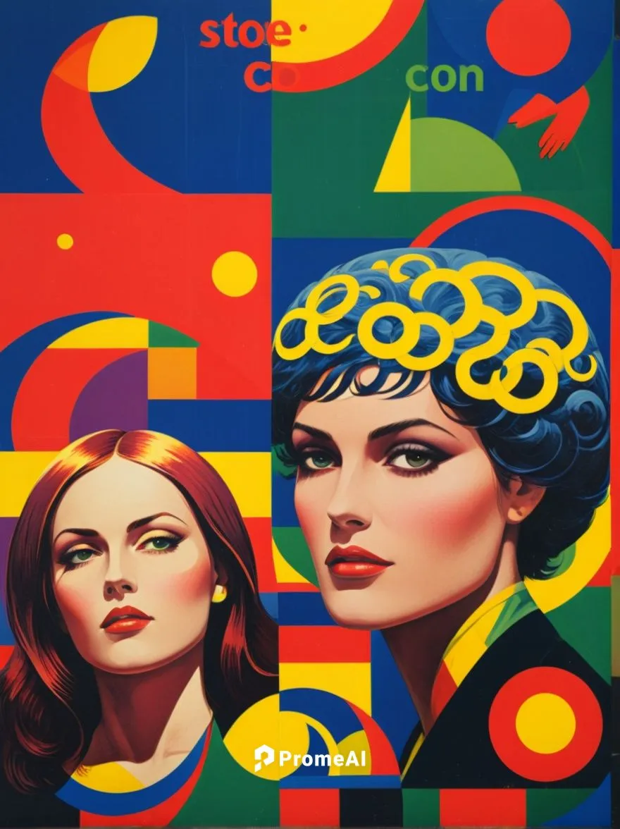 The Stories of Connection by Degenhardt,three women with art work in the background,stereolab,cool pop art,pop art style,sixties,fornasetti,italian poster,Illustration,Vector,Vector 17