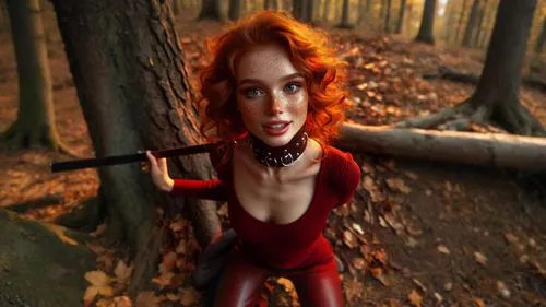 рыжеволосая девушка в осеннем лесу стоит на коленях в кожаных штанах,redhead doll,triss,epica,bloodrayne,rasputina,irisa,redheads,red riding hood,red head,demelza,little red riding hood,redhair,redhea