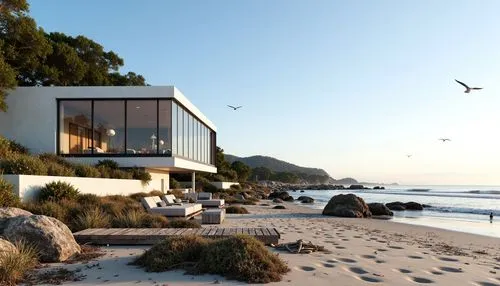 Transparent glass fa\u00e7ade, coastal modern architecture, oceanfront views, sandy beach, seaweed-covered rocks, driftwood accents, weathered wooden docks, nautical ropes, seagulls flying overhead, c