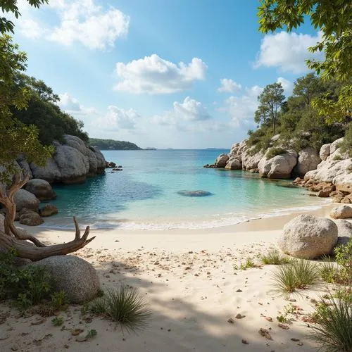 Warm sandy beaches, crystal-clear turquoise water, driftwood, seaside rocks, beachy grasses, ocean breeze, sunny day, soft warm lighting, shallow depth of field, 3/4 composition, panoramic view, reali