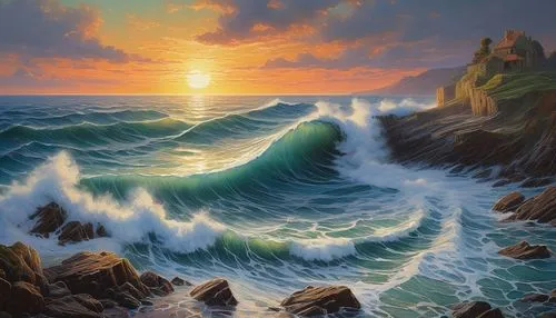 sea landscape,seascape,coastal landscape,ocean waves,tidal wave,seascapes,wieslaw,cliffs ocean,landscape with sea,ocean background,rocky coast,water waves,sea storm,crashing waves,sun and sea,oil painting on canvas,underwater landscape,beach landscape,japanese waves,ocean,Art,Classical Oil Painting,Classical Oil Painting 13