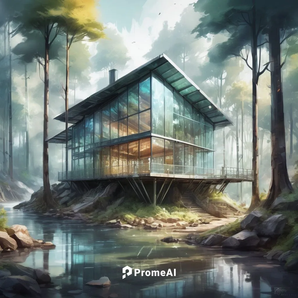 LIGHT WATER COLOR PAINTING, MODERN GLASS AND STEEL FOREST HUT, ARCHITECTURAL RENDERING,house in the forest,forest house,house with lake,house in mountains,house in the mountains,house by the water,the