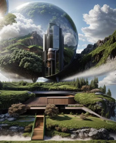 futuristic landscape,terraforming,sky space concept,digital compositing,utopian,fantasy world,parallel worlds,futuristic architecture,fantasy landscape,earth,myst,virtual world,dream world,spheres,exo-earth,fantasy picture,planet eart,virtual landscape,biome,stargate