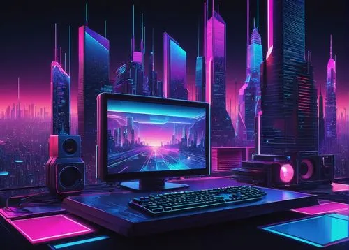 cyberpunk,80's design,futuristic,futuristic landscape,aesthetic,purple wallpaper,80s,desktop computer,computer art,3d background,computer room,cyberspace,computer workstation,computer,cyber,desktop,retro background,computer desk,music background,lan,Photography,Documentary Photography,Documentary Photography 14