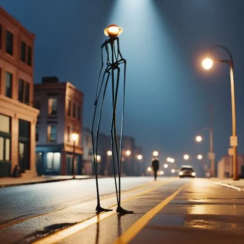 a low angle view of a man with disproportionately long legs in all black in the middle of a deserted street at night in the light of a night spotlight. The man's shadow falls on the asphalt wet from a