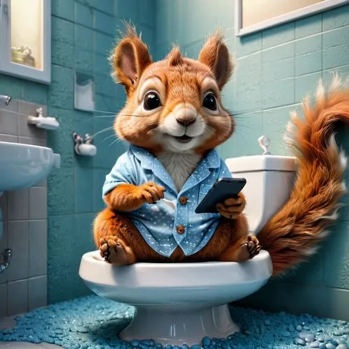 anthropomorphic 3d squirrel sitting on a water closet, wearing pyjamas with paw prints, going for a poop, and reading and iphone, background bathroom,squirell,alvin,squeakquel,tufty,cute fox,rocket ra