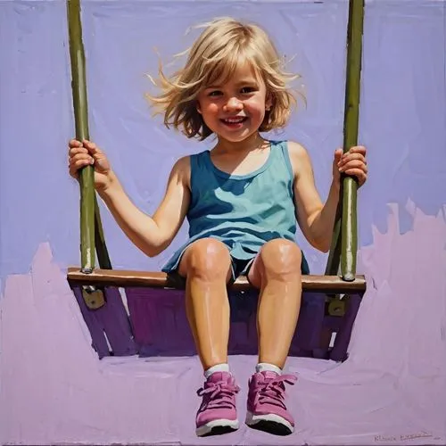 child portrait,little girl in wind,child's frame,hanging swing,wooden swing,swing set,photo painting,swinging,oil painting on canvas,oil painting,girl with a wheel,trampolining--equipment and supplies,empty swing,flying girl,trampoline,garden swing,child in park,sailing blue purple,golden swing,girl sitting