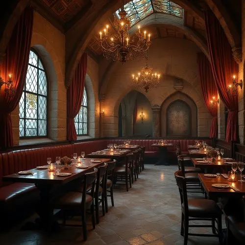 Gothic restaurant, luxurious atmosphere, grand chandeliers, stone walls, dark wood furniture, velvet curtains, mysterious ambiance, sand-textured stonewalls, rough-hewn wooden tables, candlelight illu