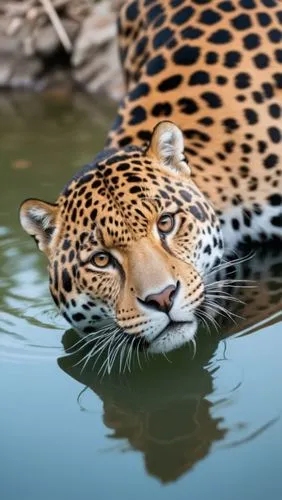 uma onça olhando para a camera, após beber agua em um rio. Seu reflexo espelhado na agua do rio.,an animal is swimming in the water next to rocks,surface tension,jaguar,hosana,leopardus,leopard head,m