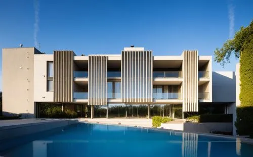 glass concrete woodpanelling street pool summer blue sky sunlight night view landscape garden trees ,seidler,fresnaye,mahdavi,modern house,modern architecture,dunes house,art deco,corbu,contemporary,n