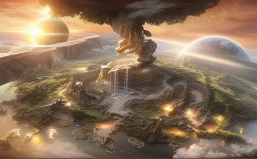 terraforming,fantasy landscape,the earth,mushroom landscape,mushroom island,mother earth,fantasy picture,fantasy world,burning earth,floating islands,old earth,the end of the world,floating island,earth,firmament,3d fantasy,gaia,scorched earth,futuristic landscape,fantasy art