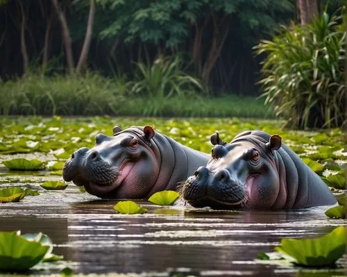 Hippos in the river, aquatic plants, muddy banks, bright green water lilies, clear turquoise water, warm sunlight, soft misty atmosphere, playful hippos swimming and playing, detailed scaly skin, shin