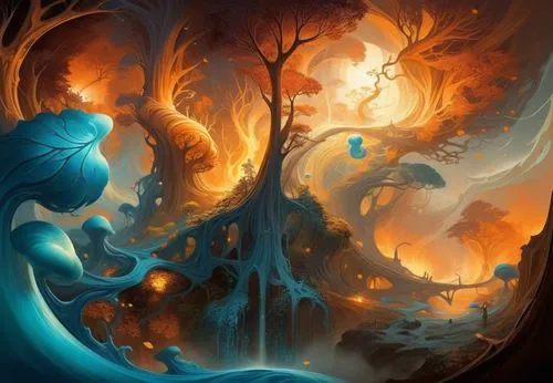 molten forest by dali and escher in quicksilver and ferrofuid splashes, Minimalism in a Negative Artistic Space,a large tree and its roots in an abstract painting,fantasy art,fantasy picture,silmarils