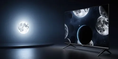 a philips tv standing dark glass.   with background of fully HD universe with stars and moon  ,an illuminated television in a darkened room with phases,plasma tv,audiovisual,plasmas,plasma lamp,televi