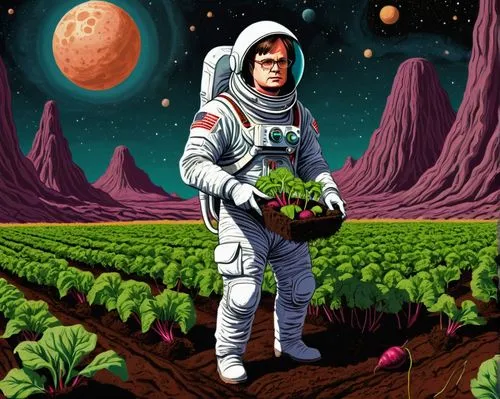 sci fiction illustration,mission to mars,spacefill,spacesuit,martian,red planet,spaceman,spacescraft,planet mars,earth fruit,gremolata,vegetables landscape,astronaut,picking vegetables in early spring,space suit,terraforming,vegetable field,space-suit,earth station,cosmonaut,Conceptual Art,Sci-Fi,Sci-Fi 20