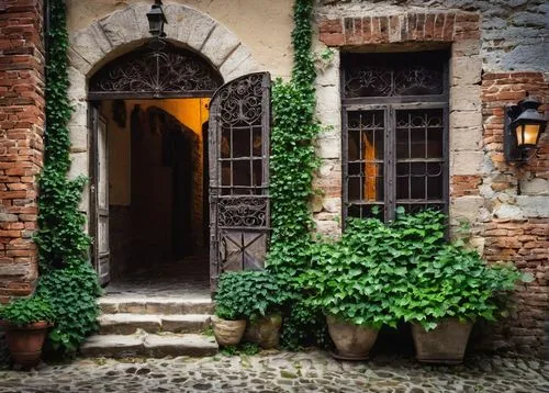 Toledo, architectural salvage, old town, historic building, stone facade, ornate door, rusty gate, worn brick wall, vintage window frame, distressed wood beam, reclaimed wood, metal lantern, ivy crawl