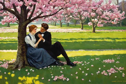 young couple,tulpenbaum,tulpenbüten,the cherry blossoms,springtime background,cherry trees,romantic scene,blossoming apple tree,in the spring,spring blossoms,oil painting on canvas,romantic portrait,springtime,magnoliengewaechs,idyll,spring garden,magnolias,linden blossom,oil painting,lafayette park,Art,Classical Oil Painting,Classical Oil Painting 12