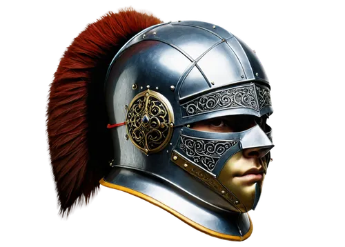 Medieval knight helmet, Camagli, silver metal, intricate engravings, golden accents, curved shape, pointed top, face mask, chin strap, worn leather padding, ornate crest, battle-worn, heroic pose, dra