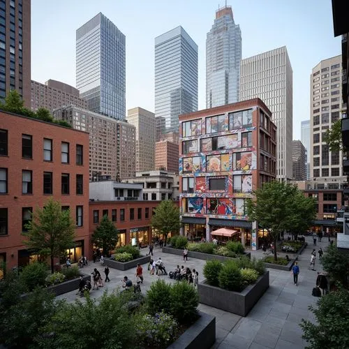 Vibrant cityscape, modern skyscrapers, bustling streets, pedestrian walkways, green roofs, urban gardens, street art murals, eclectic architecture, mixed-use development, adaptive reuse, historic land