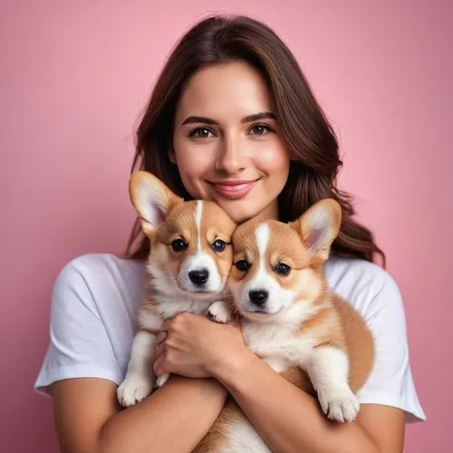 Una guapa morena con pantalones blanco y vaqueros sosteniendo y abrazando al cachorro corgi con el fondo rosado del avión. Amor a los animales, concepto de mascotas. mujer alegre sosteniendo al perro 