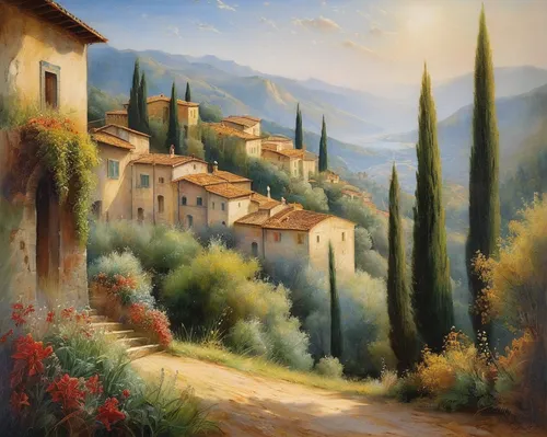 tuscan,italian painter,home landscape,provence,tuscany,alhambra,rural landscape,volterra,landscape,village scene,provencal life,panoramic landscape,campagna,landscape background,italy,mountain landscape,mountain village,mountain settlement,mountain scene,church painting,Conceptual Art,Daily,Daily 32