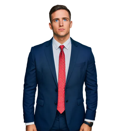 Patriotic figure, male, strong facial features, short hair, blue eyes, red tie, white shirt, black suit, US flag pattern on tie or pocket square, standing straight, confident pose, national pride, war