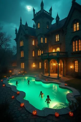 "A massive, eerie mansion designed as if Frankenstein himself were an architect, perfect for a Halloween party. The mansion is a fusion of gothic and industrial styles, with jagged, mismatched stone w