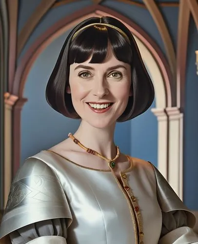 cheerful medieval noblewoman with bangs and short black hair dressed in long medieval coat in medieval castle,an image of a woman with a tiara,delenn,farquaad,ginnifer,deschanel,andreasberg,pevensie,I