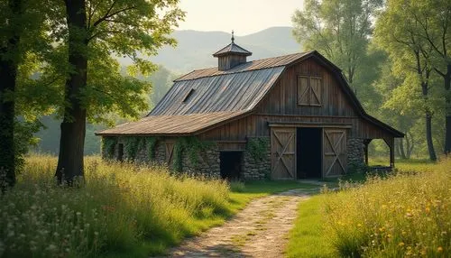 Rustic barn, wooden structure, natural blending, greenery surroundings, rolling hills, wildflowers blooming, tall trees shading, sunny afternoon, warm soft lighting, gentle breeze, old wooden doors, m