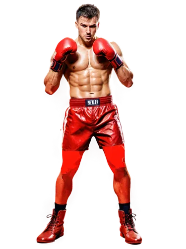 Muscular man, boxer, athletic body, sweaty skin, intense facial expression, messy hair, boxing gloves, red boxing shorts, worn-out boots, dynamic pose, punching action, spotlight effect, dramatic ligh