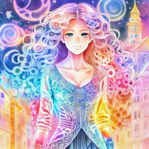 drawing pencil, color anime,,rapunzel,fairy galaxy,fantasy portrait,rosa 'the fairy,mystical portrait of a girl,mermaid background,fairy tale character,magical,fantasy picture,sky rose,luminous,cinder