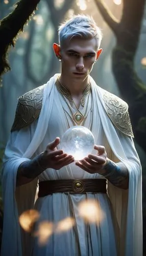 Male astral elf, slender physique, pointed ears, piercing blue eyes, sharp facial features, short silver hair, intricate tattoos on arms and chest, glowing runes on forehead, flowing white robes with 