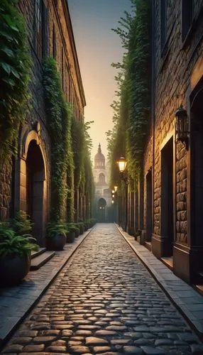 Narrow cobblestone alley, modern architectural design, sleek skyscraper background, glass and steel materials, intricate detailed stonework, ornate street lamps, lush greenery creeping up walls, vines