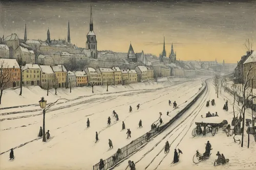 wenceslas square,winter landscape,snow scene,early winter,stockholm,1921,in the winter,in winter,1906,1905,post impressionism,hötorget,winter morning,stieglitz,hamelin,oslo,charles bridge,1925,leningrad,1926,Illustration,Black and White,Black and White 23