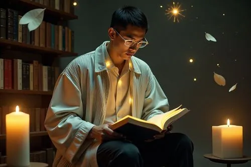 a chunky, husky, bulky, fluffy masculine attractive Vietnamese mythical guy reading books in a floating cosmic library, he wear magical glowing glasses and glowing floating necklace, short black hair,