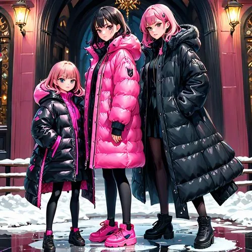 a evil girl in black puffy coat she have behind her a girl in pink coat,three girls wearing coats and standing together,walkure,winter clothing,llenn,trio,winter clothes,harajuku,Anime,Anime,General