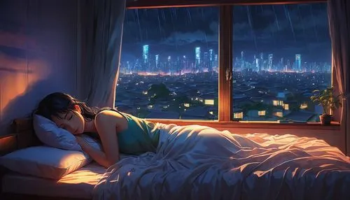 sleeping,bedroom window,thunderstorm mood,evening atmosphere,dreaming,insomnia,dream world,overthinking,sleeping room,before the dawn,sleepless,sleep,dreams,bad dream,in the evening,depressed woman,romantic night,night scene,woman on bed,girl in bed,Conceptual Art,Fantasy,Fantasy 16