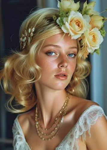 a woman wearing flowers in her hair, in front of a mirror,bridal jewelry,blonde in wedding dress,flower crown,vintage makeup,flower girl,blond girl,Photography,General,Realistic