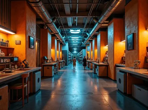 chemical laboratory,chefs kitchen,factory hall,corridor,industrial hall,laboratories,cafeteria,exploratorium,canteen,hallway,laboratory,corridors,refectory,mailroom,kitchen interior,train station passage,technology museum,museum of technology,dormitory,the kitchen