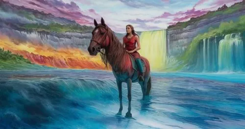 beautiful lady swimming, long hair , white vest in the water, wide view with waterfalls and green forest abanding,painting of a woman riding on the back of a horse,fantasy picture,thingol,epona,fantas