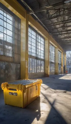 danger overhead crane,empty factory,abandoned factory,railyards,loading dock,compactors,warehousing,warehouse,dogpatch,yellow machinery,warehouses,industrial hall,packinghouse,waste container,fabrik,freight depot,factory hall,depots,compactor,usine,Photography,Artistic Photography,Artistic Photography 04